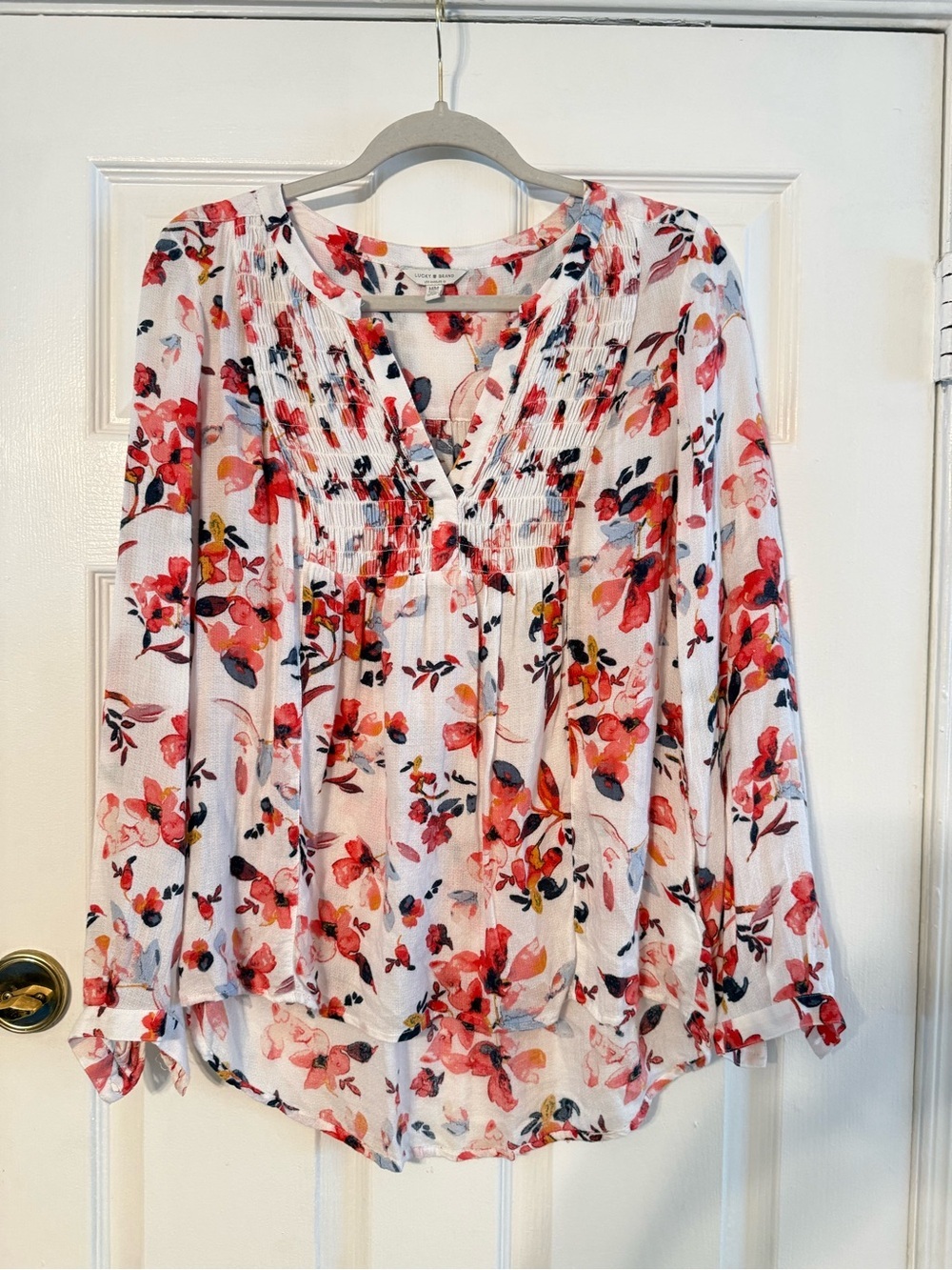 Lucky Brand White Floral Pintuck Peasant Blouse